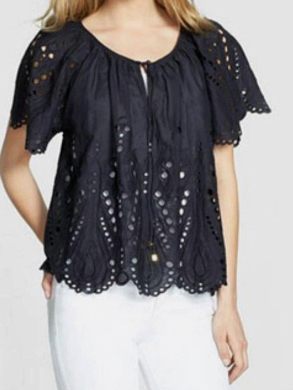 MICHAEL Michael Kors Black Eyelet Tie-Front Peasant Blouse